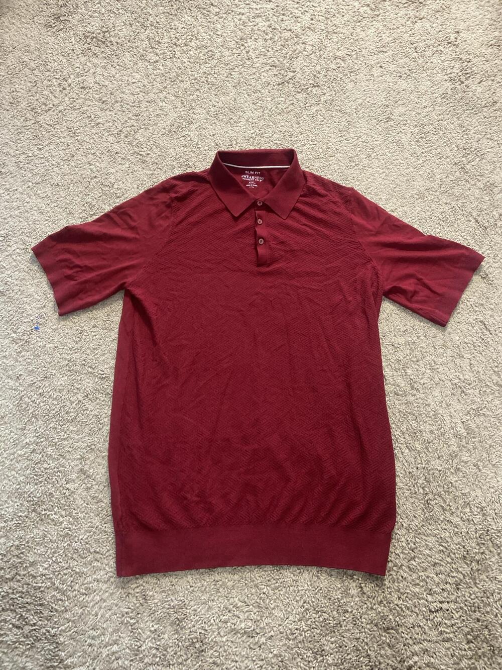 Kenneth Cole Polo Shirt Mens 2XL Red Slim Fit Herringbone Knit Short Sleeve